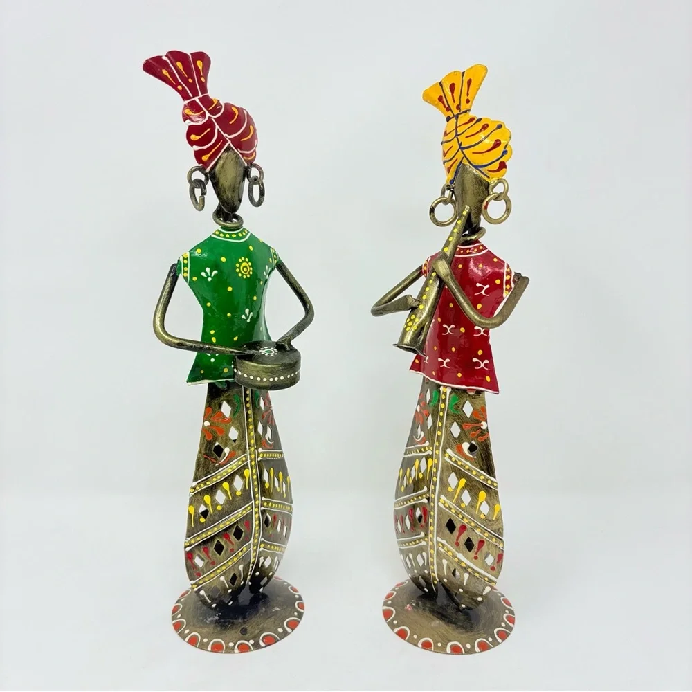 Set of 2 Candle Holder Diffuser Colorful Metal Indian Musician Table Decor 11.5”